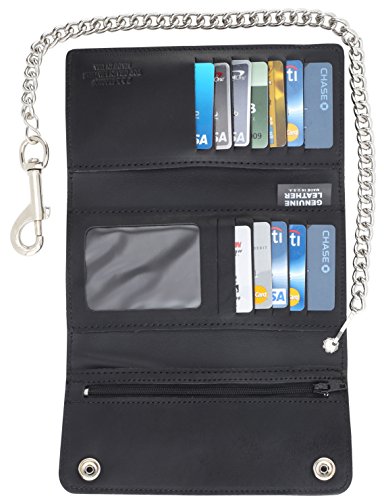 Image of RFID Blocking Men's Tri-fold Vintage Long Style cow Leather With Chain card holder Wallet,MADE IN USA