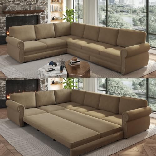 Image of KEIKI 118 inch Chesterfield Sleeper Sofa, Chenille Sectional Couch, Camel | L Shaped, Pull Out Bed Design, Nailhead Trim Detail, Rolled Armrest, 6 Seat Seating, Living Room Guest Room Use