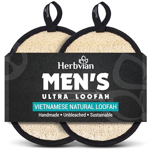 Herbvian Natural Loofah Body Scrubber for Men, 2PCS Black & White Handmade Vietnamese Luffa Sponge...