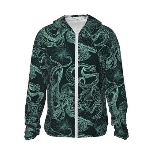 Vintage Octopus And Jellyfish Unisex Sun Protection Hoodie Long Sleeve Shirt Fishing Outdoor With Pocket