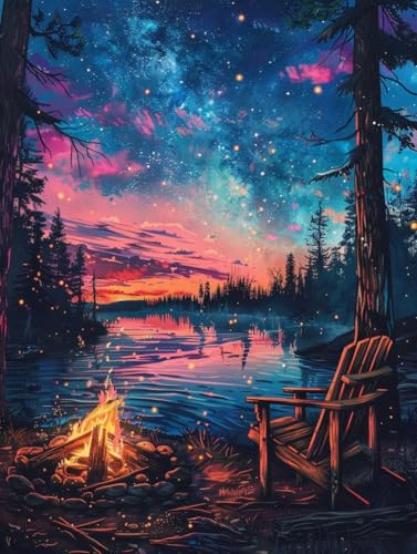 Peinture Diamant Lac et Ciel Étoilé pour Décoration Salon Cosy 50x65