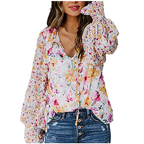 StarneA Damen Blusen, Langarm V Ausschnitt Oberteil Mode Blumen T-Shirt Tops Elegant Sommerbluse Lose Lässige Bluse Tunika Cover