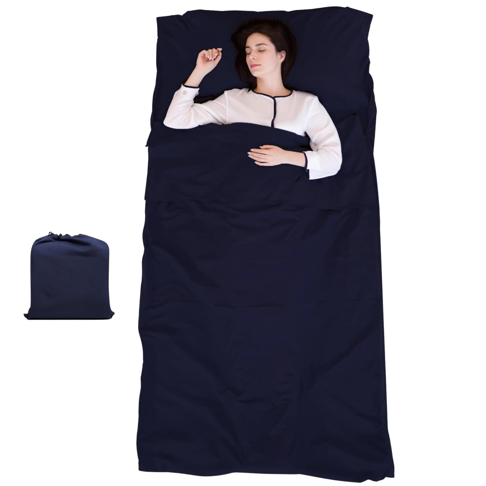 Sacco a pelo XL per adulti, 114 x 213 cm, leggero, lenzuolo da viaggio con custodia, morbido tessuto lavabile per campeggio e uso in hotel, blu navy