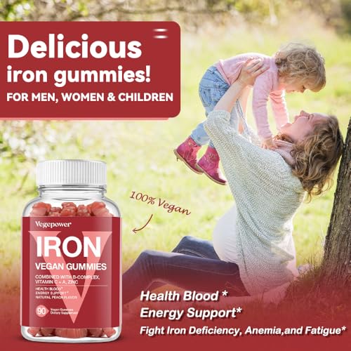 Vegan Iron Gummies Supplement - with Vitamin C, A, B-Complex, Folate, Zinc for Adults & Kids - Health Blood & Energy Support for Iron Deficiency, Anemia, No After Taste - Peach Flavor (90 Ct)