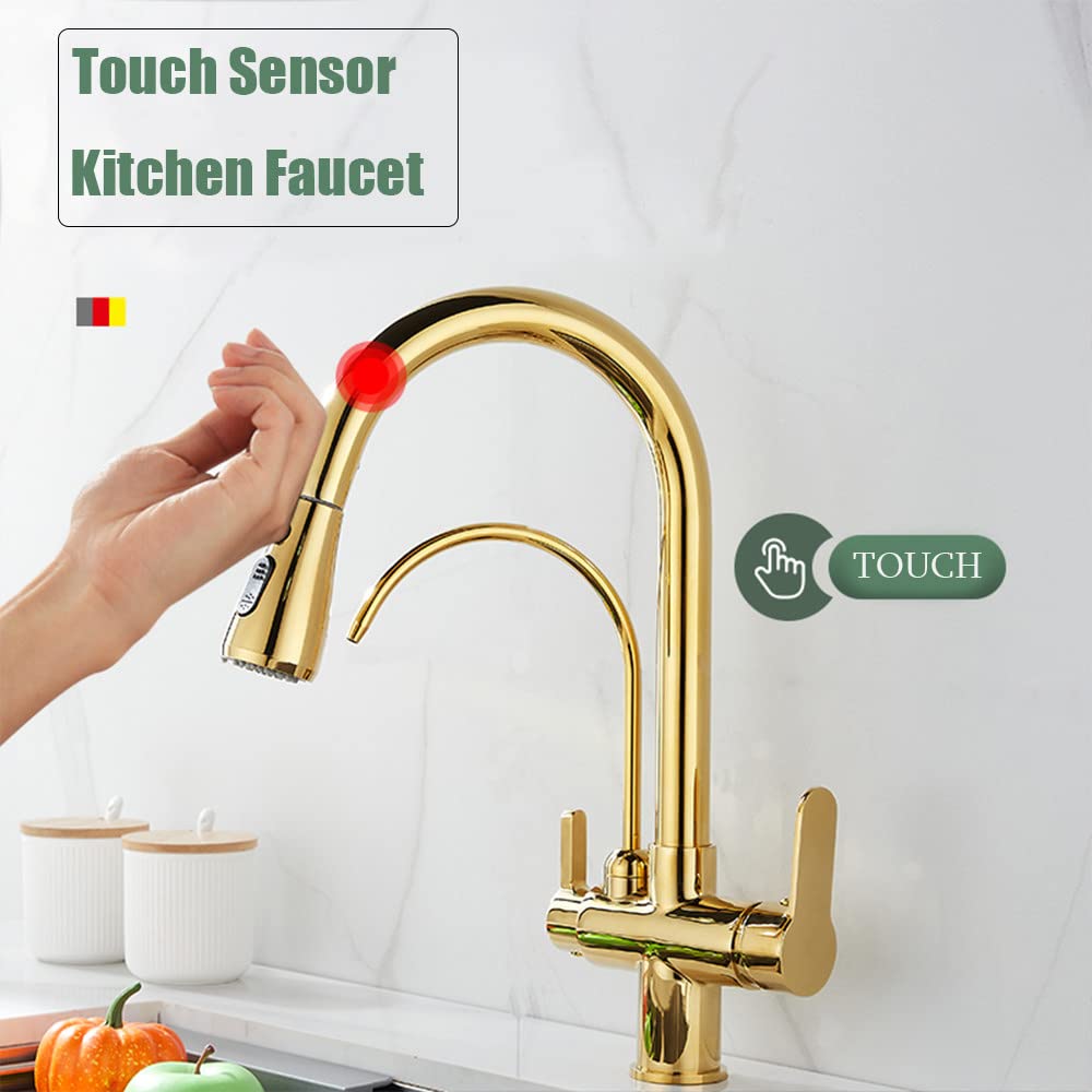 Agua fría y caliente Modo de grúa Grifo mezclador montado en cubierta Filtro de sensor táctil Grifo de cocina con agua pura Grifo mezclador extraíble Girar, cepillado, talla única