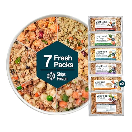 JustFoodForDogs Frozen Fresh Dog Food Toppers and Meals, Human Grade, Balanced Fresh Pet Meal or Topper, No Preservatives, Limited Ingredient Recipe, Sampler Variety 18 oz - 7 Pack