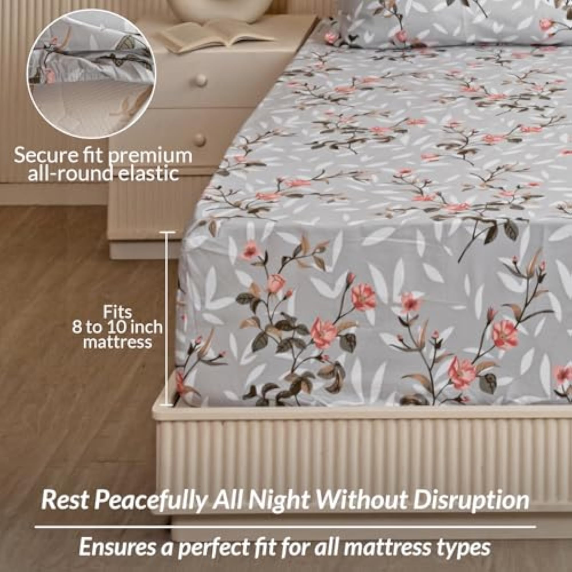 210Tc Soft Cotton Floral Printed Fitted Bedsheet with 2 Pillow Covers