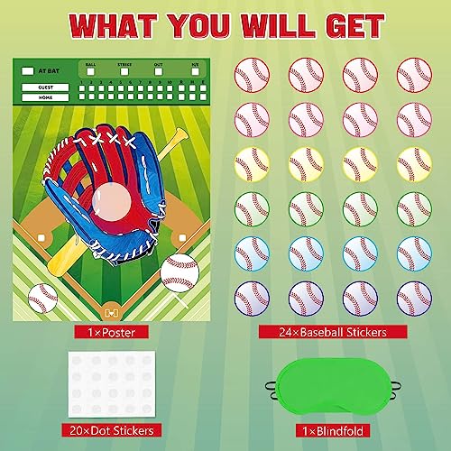 Image of WERNNSAI Pin The Baseball on The Glove Game - Sport Birthday Party Decorations Baseball Party Games Poster with 24 Pcs Stickers for Kids Boys Family Birthday Carnival Supplies
