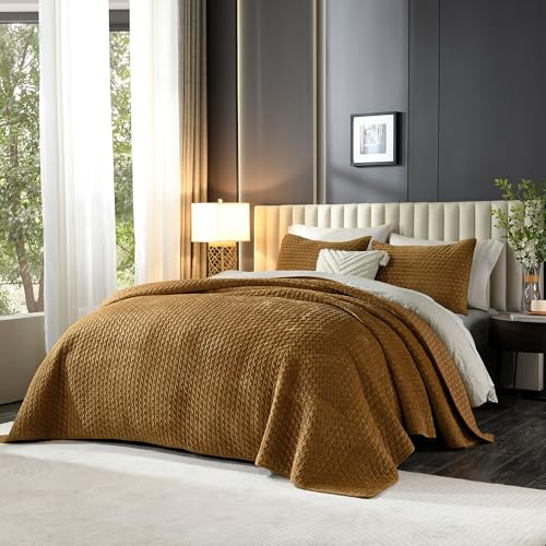 Image of Grassix Velvet Quilt Set Queen Size, Luxury Cross Stitch, Gold Caramel
