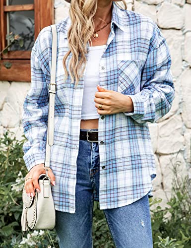 Wanzetaly Womens Casual Oversized Flannel Plaid Button Down Long Sleeve Shirts Fashion Blouse Tops with Pocket3