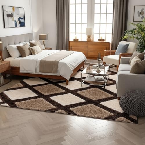 Image of Carpet for Hallway, Kitchen, and Modern Interiors, Cozy Shag Runner for Living Room, Entryway & Office Decor Size 5x8 feet Coffe Line