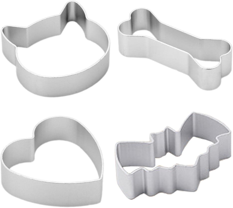 4 Piece Cookie Cutter Set - Metal Cake Vegetable Fruit Biscuit Cutters Molds - Dog Bone, Cat Face, Batman and Heart Shape - Silver