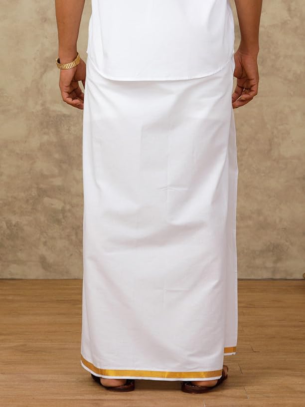 Image of Ramraj Cotton Men Cotton Blend Readymade White & Cream Dhoti With Gold Jari Border Genxt| Single Layer