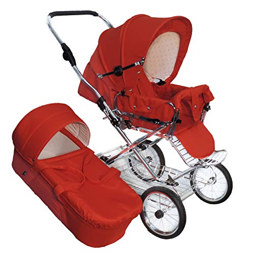 Eichhorn Kombikinderwagen mit Lederriemengestell, umbaubar zum Sportwagen, inklusive Schieberhöhenverstellung und fester Tragetasche (LuxVariante), Stoff Rot (ECCO-Rad)