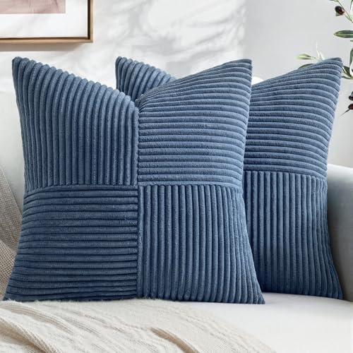 Image of MIULEE Dusty Blue Decorative Throw Pillow Covers 18x18 Inch for Couch Bed Sofa Pack of 2 Coastal Boho Farmhouse Throw Pillows Soft Cross Corduroy Patchwork Textured Cushion Cases