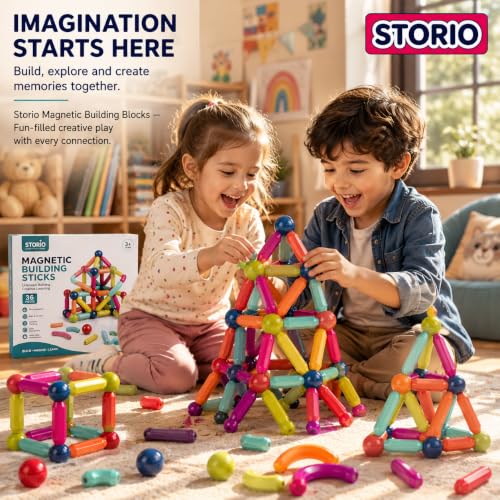 Image of Storio Magnetic Building Blocks for Kids | Construction STEM Building Toys for Kids 2-5 Years | Safe Magnetic Blocks for Toddlers, Boys & Girls | Educational Blocks & Magnet Toys (36pcs)