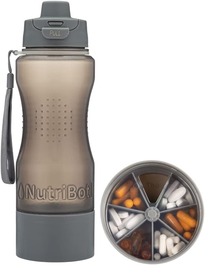 Health Water Bottle Pill Organizer – 33oz Large Capacity – Case for Pills Vitamins Supplements Medication Tablets – Portable 7-Day Pillbox for Travel Gym Office Outdoor – w/Easy Carry Strap