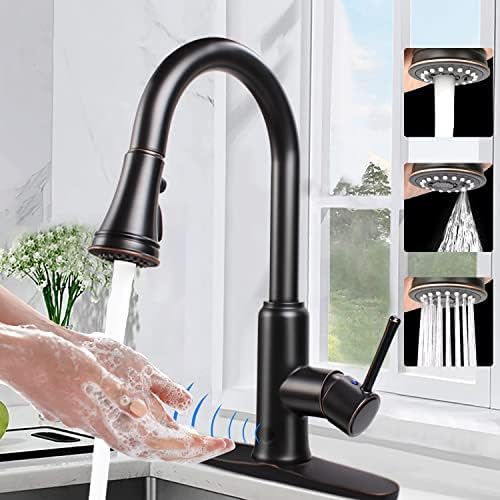 Touchless Kitchen Sink Faucets with Pull Down Sprayer, ANBSR Kitchen Faucet with Pull Out Sprayer Single-Hole and 3 Hole Deck-Mount, 3 Mode Single Handle Oil Rubbed Bronze Touch Kitchen Faucet