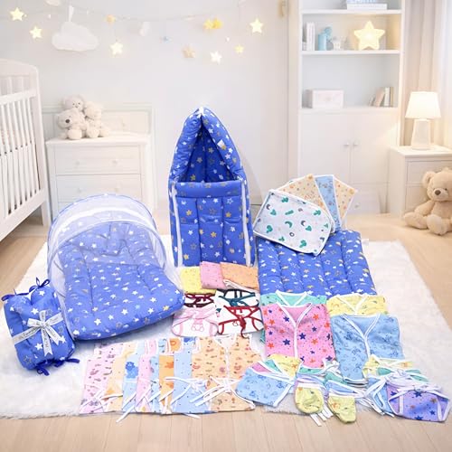 Image of Infantbond 56 in 1 Baby Products All New Born Combo | Gift Set | Baby Essentials | Hospital Kit | Baby Clothes | Maternity Essentials | Infant Essentials | Baby Shower | Complete Daily Items Combo(0-6 Months) (Star) (Blue Bedding Set for Baby Boy)(Assorted for remanining)