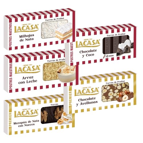 Pack Surtido 5 Turrones Lacasa:Mazapán de Nata con Nueces, Arroz con Leche, Chocolate y Avellanas, Chocolate y Coco, Milhojas de Nata