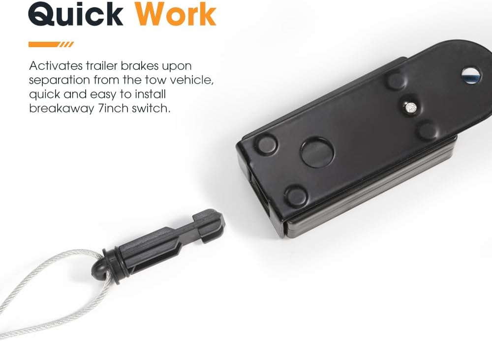 Close-up of the breakaway switch and pin, illustrating how it activates the trailer brakes upon separation.