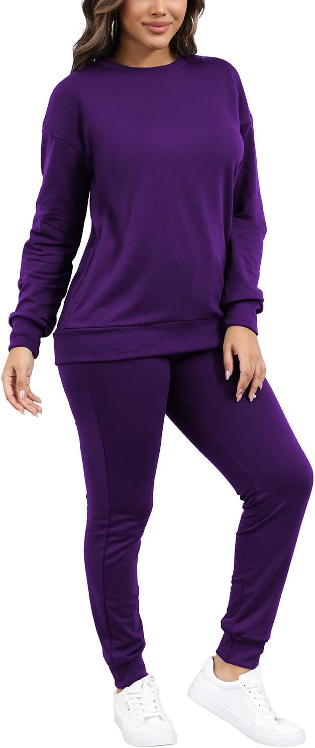 HBQ Two Piece Outfits For Women Casual Long Sleeve Sweatsuits Jogger Tracksuits Lounge Sets With Pockets-Purple-L - Image 3