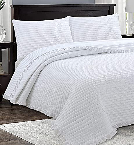 HaraDeco Colcha con Volantes Blanco Cama 135, con Fundas Almohada, Confeccionada Microfibra Fina Decorativa(Cama 135, Blanco Volantes, 1)