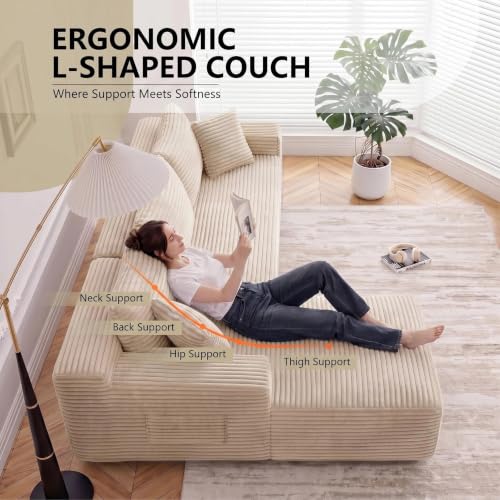 Image of 94.5 inch L Shaped Boneless Sectional Corduroy Couches for Living Room (Camel)