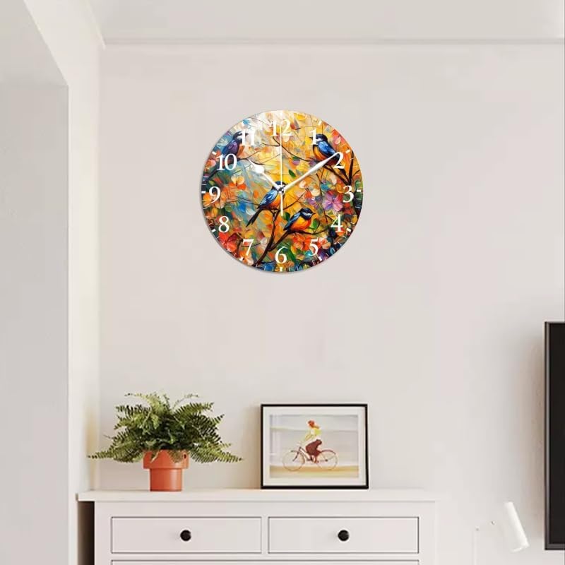 Battery Operated Round Wall Clock Non-Ticking Silent Analog Clcok Decorative for Living Room,Office,Kitchen-Birds with Textured Flowers(16inch)