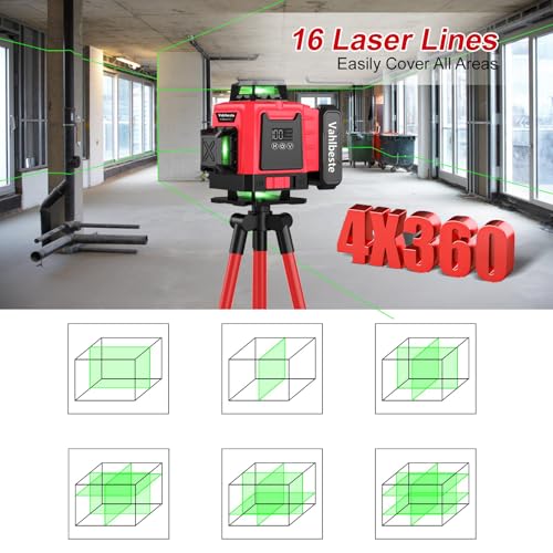 Vahlbeste Kreuzlinienlaser mit Stativ, Laser Wasserwaage mit 2x4800mAh Batterien & LED-Anzeige, 4x360 Grad Laser Level, 4D 16 Linienlaser Selbstnivellierend/APP/Fernbedienung/IP54 Wasser- & Staubdicht