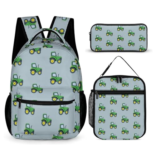 Green Tractor School Backpack Set Girls Womens Laptop Bookbag Casual Daypack Laptop with Lunch Tote Bag and Pencil Bag