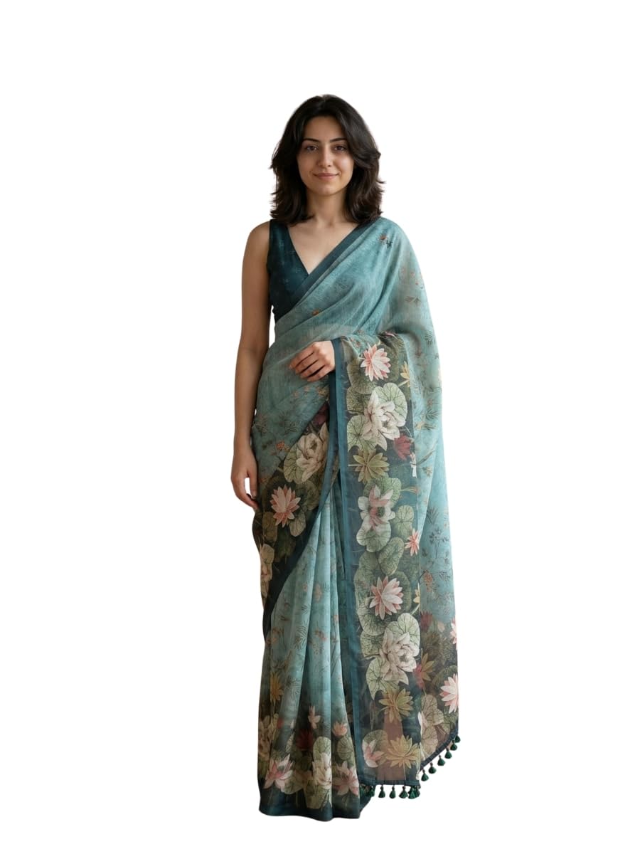 Elegant Blue Silk Printed Floral Saree Contemporary Edition for Women-picture-53