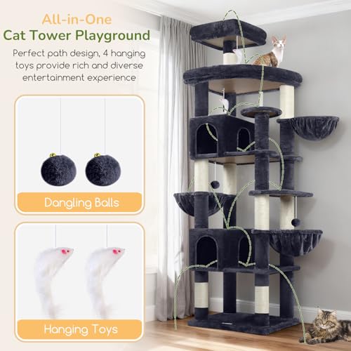 Image of Globlazer Extra Large Cat Tree Tower, 82in Tall Heavy Duty Cat Tree for Indoor Cats Large Adult Big Cat Tower with 8 Scratching Posts, 2 Cat Condos, 2 Padded Perches, 3 Hanging Baskets, S82, Dark Gray