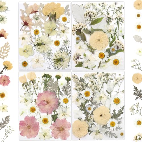 LUXEEASE 80 Pcs Dried Flowers for Crafts Real Natural Dried Pressed Flowers in Soft Yellow White & Pink Tones for Resin DIY Art Jewelry Candle & Soap Making Tweezers Included