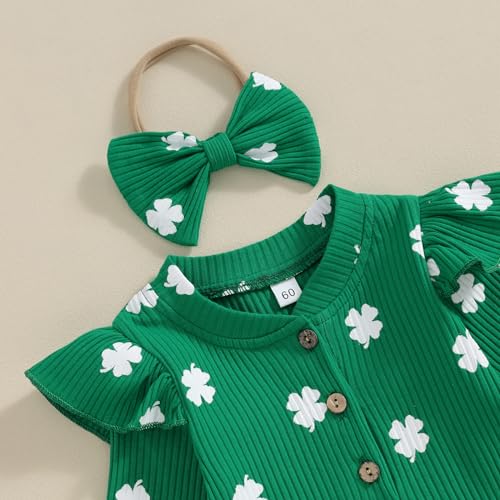 Lamuusaa Newborn Baby Girl St. Patricks Day Outfit Ruffle Ribbed Romper Shirts Four Leaf Clover Jumpsuit Headband3
