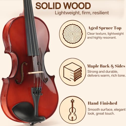 Image of Kmise Teacher Approved 4 /4 Full Size Violin Starter Kit for Adults Beginners Students, High Density Ebony Acoustic Violins, Fiddle Bundle with Case, Bow, Rosin, Strings, Shoulder Rest & Guide