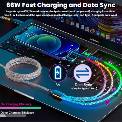 Image of Verilux 3-in-1 RGB LED PD 66W Type C Cable Fast Charging 3.9FT, 480Mbps Data Transmission C Type Charger Cable with C Connector, USB to Lighting, USB to Micro A for iPhone 17 /16 /15, Galaxy S25 /S24
