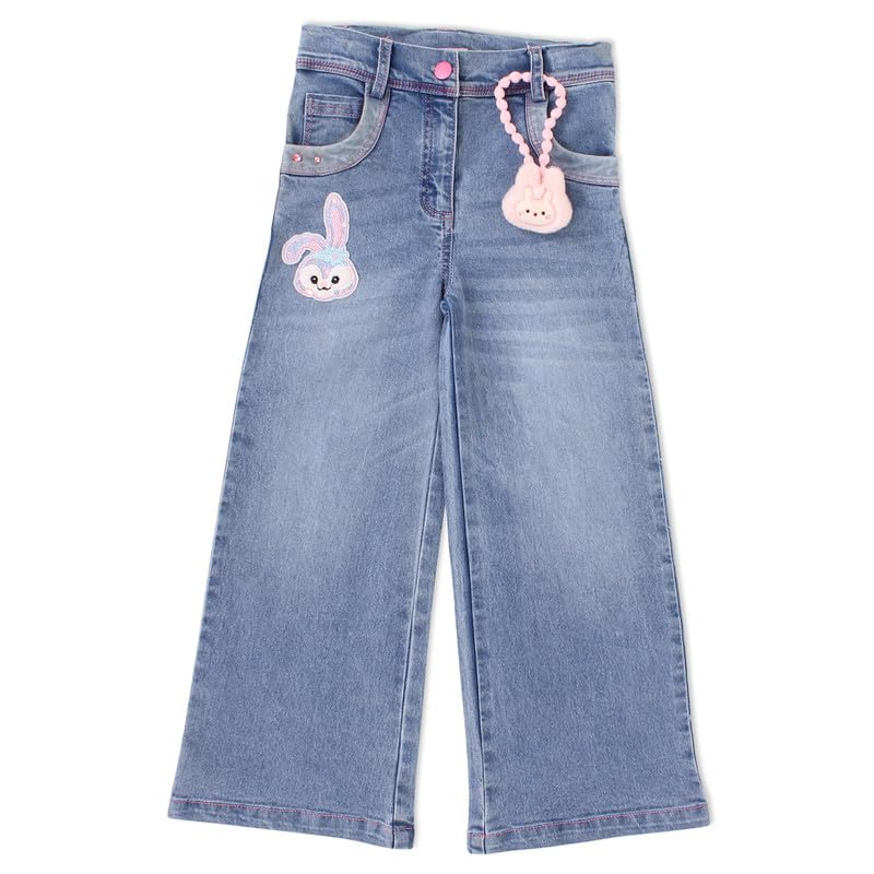Image of Cutecumber Girls Cotton Rich Denim Wide-Leg Jeans - Side Panel Printed with Floral Ribbon Accessory, Stylish Casual Outfit for Baby Girls & Kids (Age 1-15 Years)
