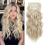 Clip in Hair Extensions for Women, 6PCS Long Wavy Curly Clip on Hair Extensions 20 Inch Blonde Mixed Bleach Blonde Synthetic Thick Hairpieces