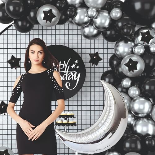 Image of Black and Silver Balloon Garland Kit, 48 Pieces, Moon and Star Foil Balloons for Birthday Decoration, Home decor