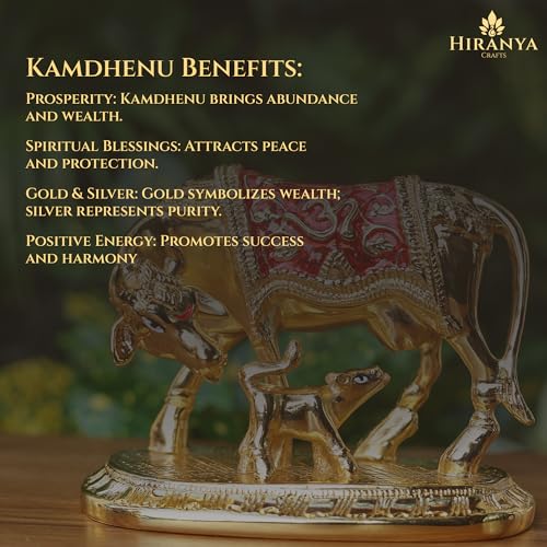 Image of Kamdhenu Cow with Calf | Vastu Idol is a Divine Cow & Calf Statue | Perfect for Pooja Rooms | Kamadhenu Cow & Calf (Gold Mina, 4.5 Inch)