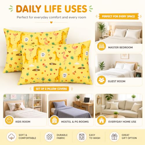Image of Microfiber Pillow Cover 17x27 Inch (Pack of 2) | Soft & Durable | Ideal for Bed & Sofa Happy Safari