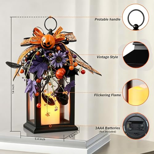 Image of Halloween Lanterns Decorative Indoor & Outdoor, 14 Inch Black Candle Lanterns with Timer Waterproof, Hanging Spring and Easter Lantern Decor for Home, Table, Porch, Patio, 1 Pack