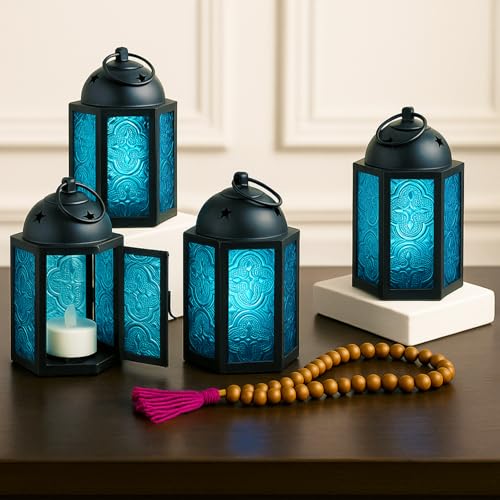 Mini Farol marroquí de Metal pequeño de 4,5 Pulgadas, portavelas Decorativo para centros de Mesa, decoración Interior del hogar, Patio al Aire Libre, Bodas, Azul, Juego de 4