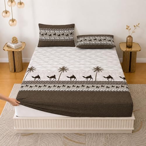 Image of Jaipur Weaves Bedsheet King Size 100% Pure Cotton Bed Sheet with 2 Pillow Covers, 300 TC Premium Bedding Set, 72x78 inches, Soft Breathable Camel Design Bedding (Olive Desert, Super King Fitted)