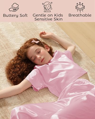 Petite&Me Silk Girls Pajamas Kids/Teens 2 Pieces Lounge Sets Short Sleeve Top & Wide-Leg Pants Soft Pjs Loungewear3