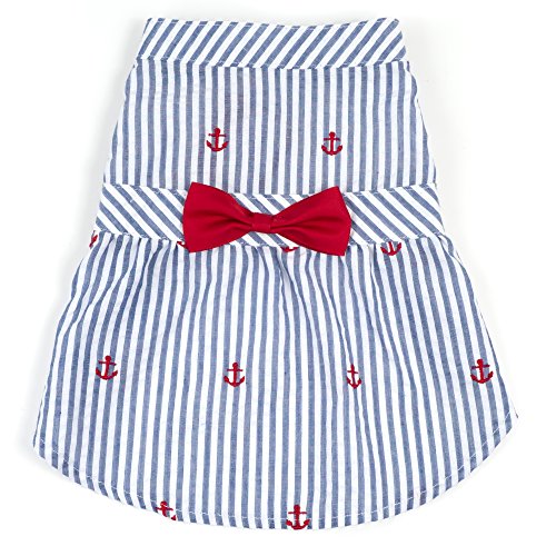 The Worthy Dog Embroidered Anchor Stripe Seersucker Adjustable Pet Dress, Stylish Bow Attached Dress, Summer Outfit for Doggy, Fits XL Size Dogs, Navy Blue