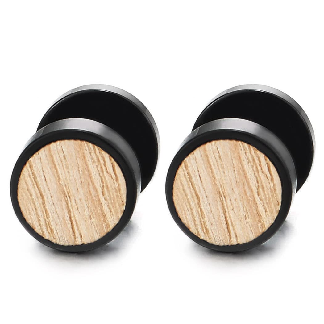 COOLSTEELANDBEYOND 2 Pendientes de círculo negro con madera para hombre y mujer, tapón de calibre falso para falsos – acero 1 par