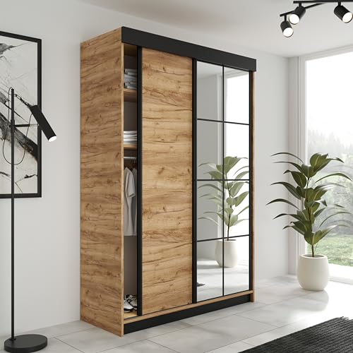 KIER FURNITURE Schiebegarderobe LAMARO mit Spiegel - Schrank Schlafzimmer - Schlafzimmerschrank - Wardrobe Bedroom - Kleiderschränke - Kleiderschrank Eiche Craft Gold - 138x205x59
