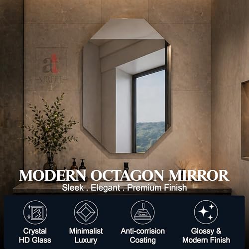 Image of Art Street Glass Frameless Octagon Wall Mirror 16 X 24 Inch, Unframed, Octagonal, Silver